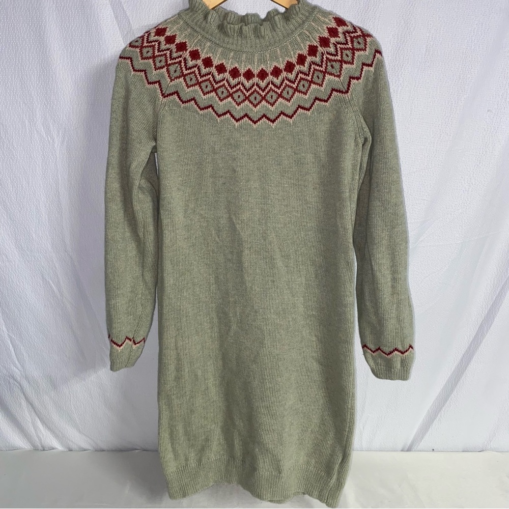 Cyrillus Paris Sage Green Wool Blend Ruffled Neck Knit Sweater Dress, Size Large